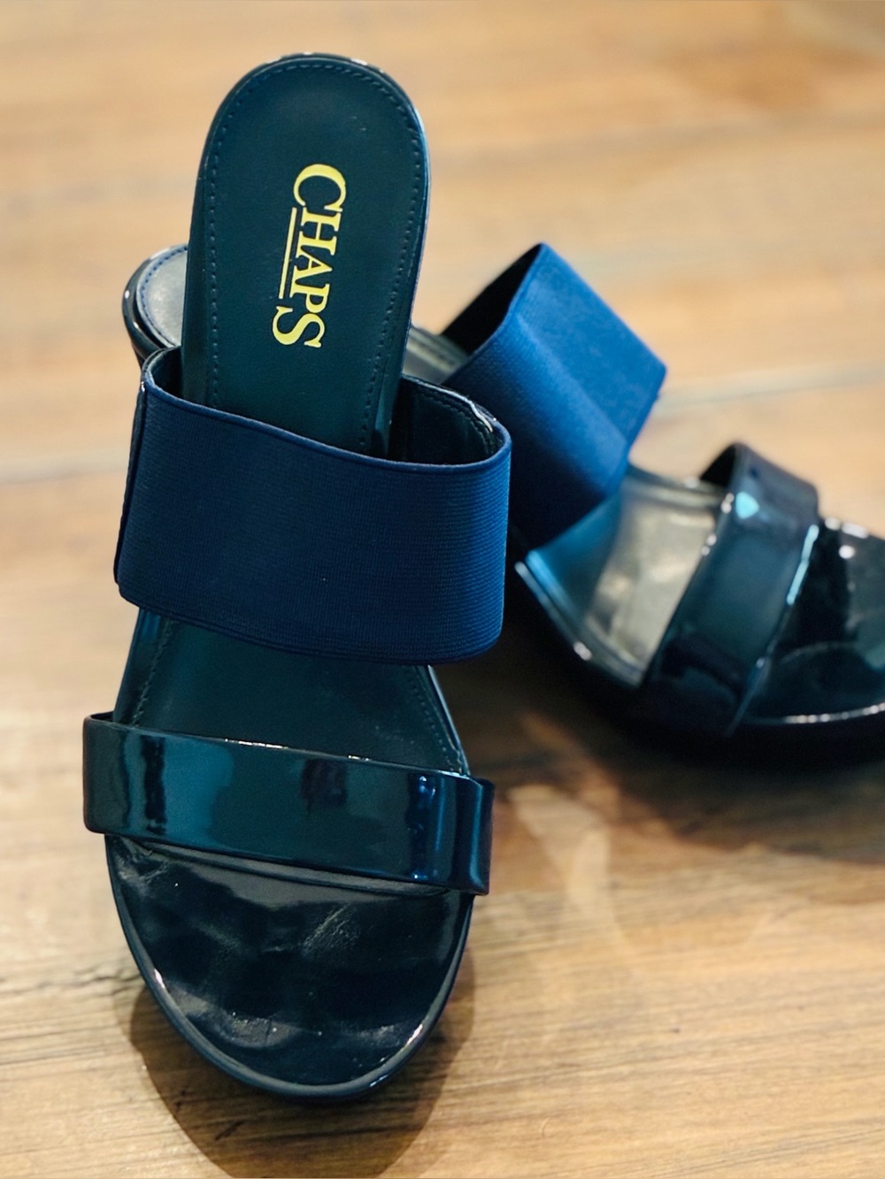 Chaps Navy Patent Slide Wedge Mules in size 6